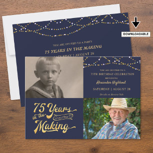 Invitación Azul de la Marina de Fotos Retro 75 cumpleaños 2
