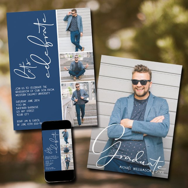 Invitación Azul de la Marina de Graduación de 4 Collages de f (Navy blue 4 photo collage graduation invitations - PRINTED and/or INSTANT DOWNLOAD)