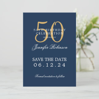 Invitación Azul de la Marina de Oro 50 cumpleaños Salven la f