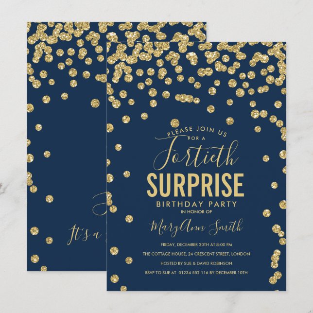 Invitación Azul de la Marina de Oro de cumpleaños número 40 (Anverso / Reverso)