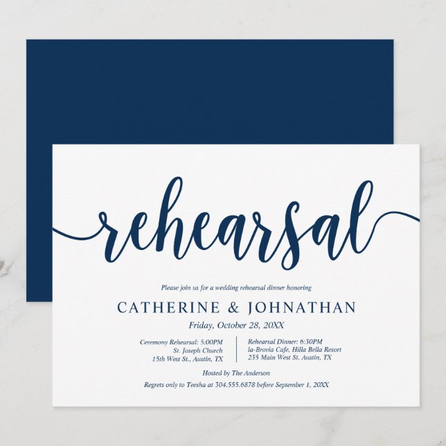 Invitación Azul de la Marina Rusa, ensayo Boda y cena (Anverso / Reverso)