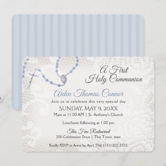 Invitación Azul de la primera comunión de Rosary y Lace (Anverso / Reverso)