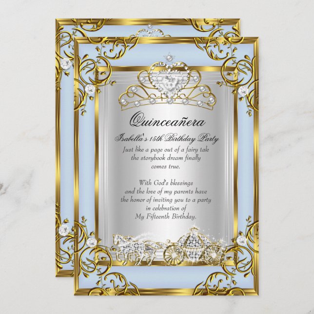 Invitación Azul de la princesa Quinceanera (Anverso / Reverso)