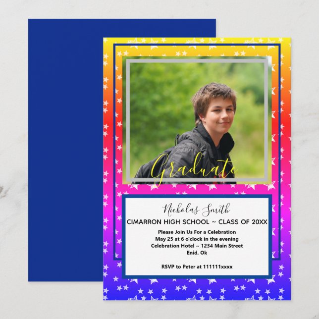 Invitación Azul de las Estrellas Grad Modernas | Partido de G (Anverso / Reverso)