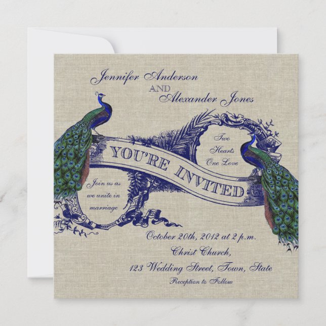 Invitación azul de lino de los pavos reales de la (Anverso)