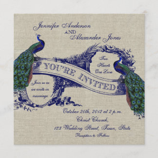 Invitación azul de lino de los pavos reales de la