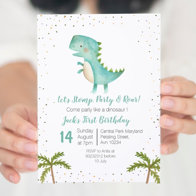 Invitación azul de oro de cumpleaños de Dinosaurio (Subido por el creador)