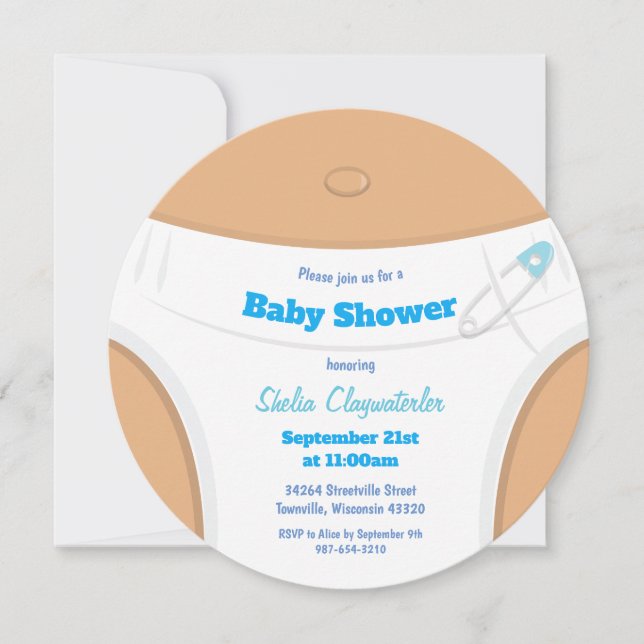 Invitación Azul de piel marrón claro y pañal | Baby Shower (Anverso)