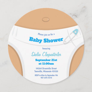 Invitación Azul de piel marrón claro y pañal   Baby Shower