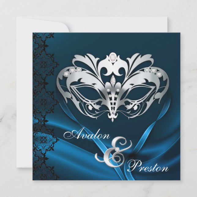 Invitación Azul de plata de la mascarada Jeweled casando la (Anverso)