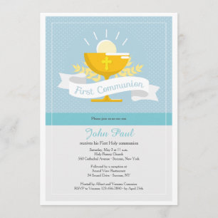 Invitación azul de Polkadot de la primera comunión