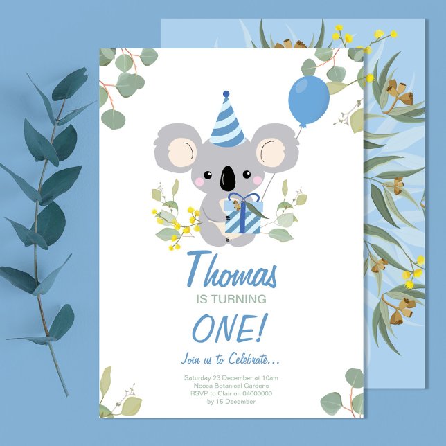 Invitación azul de primer cumpleaños de Koala Boy (Subido por el creador)