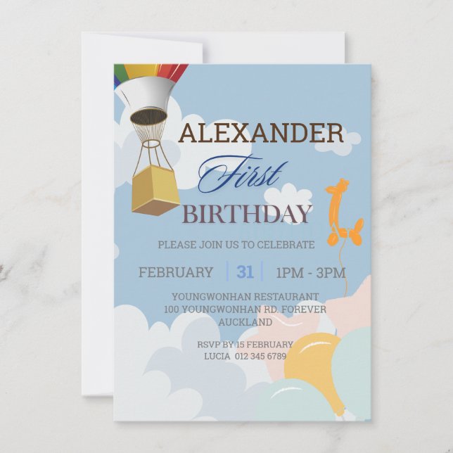 Invitación azul de primer cumpleaños personalizada (Anverso)