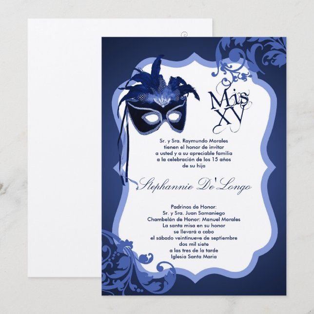 invitación azul de Quinceanera de la máscara de la (Anverso / Reverso)