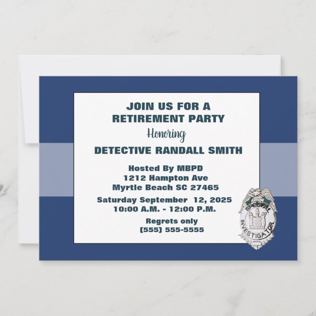 Invitación azul de retiro de detective de la polic (Anverso)