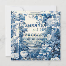 Invitación azul de tela floral francesa