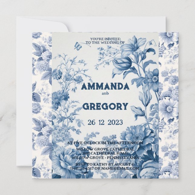 Invitación azul de tela floral francesa (Anverso)