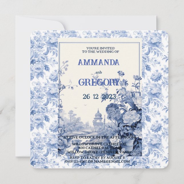 Invitación azul de tela floral francesa (Anverso)
