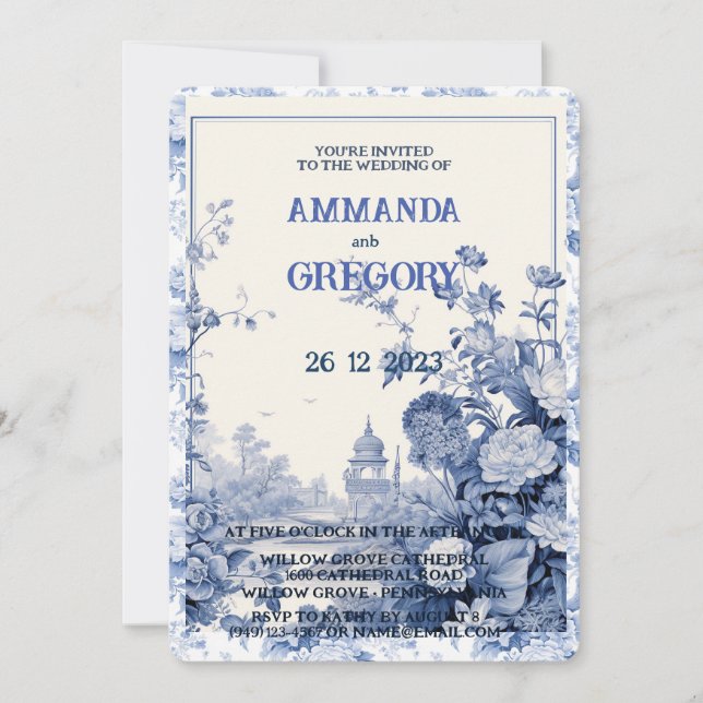 Invitación azul de tela floral francesa (Anverso)