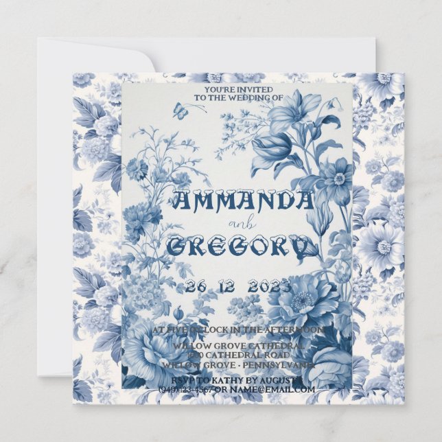 Invitación azul de tela floral francesa (Anverso)