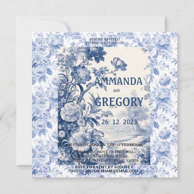 Invitación azul de tela floral francesa (Anverso)