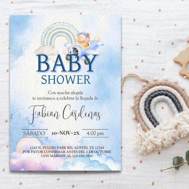 Invitación Azul del avión de un niño español Baby Shower Tedd (Spanish Boy Baby Shower Teddy Bear Airplane Blue Invitation)