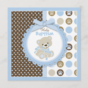 Invitación Azul del bautismo del bebé del oso de peluche