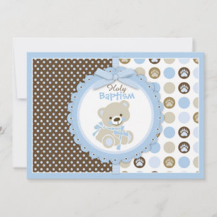 Invitación Azul del bautismo del bebé del oso de peluche