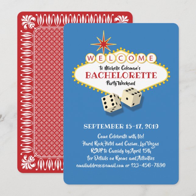 Invitación Azul del cumpleaños de la marquesina de Las Vegas (Anverso / Reverso)