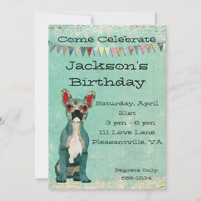 Invitación azul del cumpleaños del bulldog francés (Anverso)