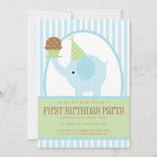 invitación azul del cumpleaños del elefante 5x7 (Anverso)