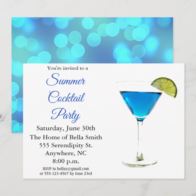 Invitación azul del Fiesta de cócteles de verano (Anverso / Reverso)