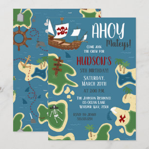 Invitación Azul del mapa del tesoro de cumpleaños del pirata