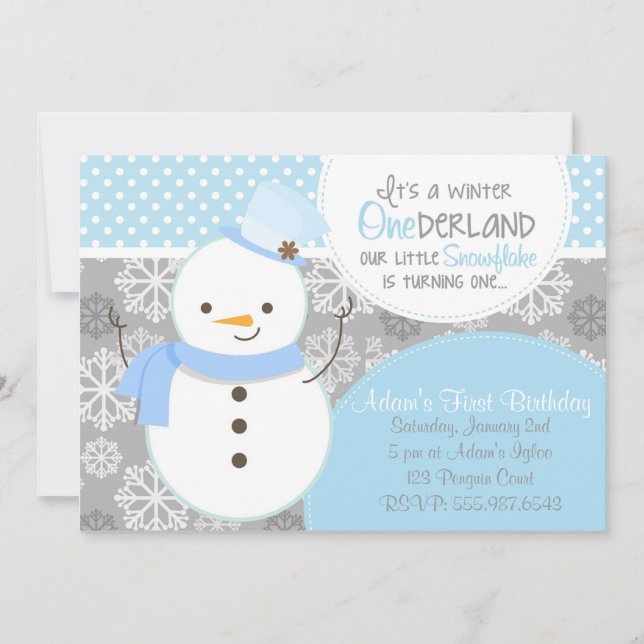 Invitación azul del muñeco de nieve de ONEderland (Anverso)