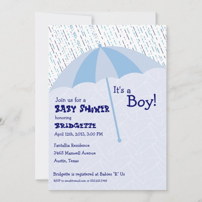 Invitación azul del paraguas Baby Shower (Anverso)