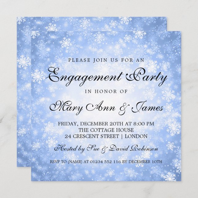 Invitación Azul del Partido de Compromiso Elegante de Winter  (Anverso / Reverso)