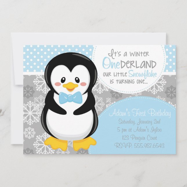Invitación azul del pingüino de ONEderland del (Anverso)
