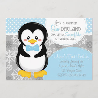 Invitación azul del pingüino de ONEderland del