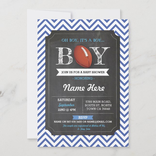 Invitación azul del rugbi de Baby Shower del (Anverso)