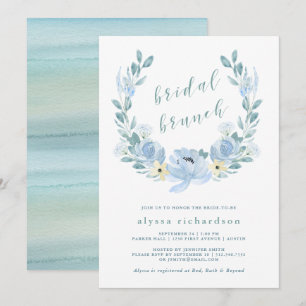 Invitación Azul delgado   Brunch nupcial floral de acuarela