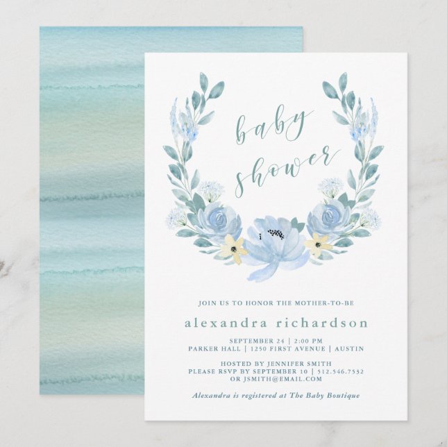 Invitación Azul delgado | Watercolor Floral Baby Shower (Anverso / Reverso)