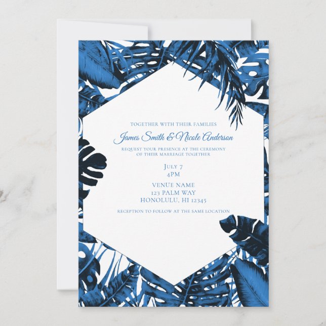 Invitación Azul Denim Medio Hojas de Palma Tropicales Boda (Anverso)