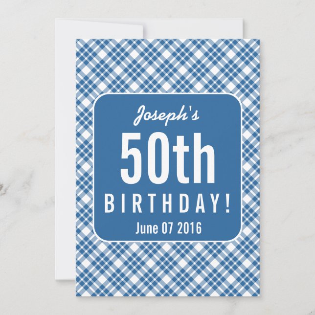 Invitación AZUL DIAGONAL PLAID 50º cumpleaños A07L (Anverso)