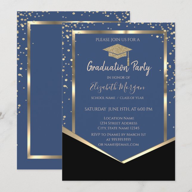 Invitación Azul,Diamantes Oro Graduación del tapón de graduac (Anverso / Reverso)
