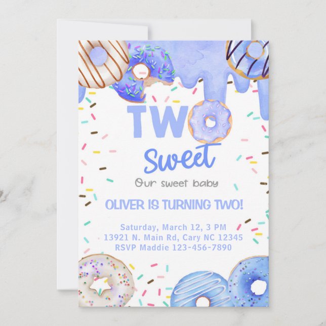 Invitación Azul donuts dulce dos niños 2do cumpleaños invitac (Anverso)