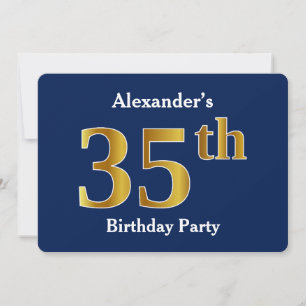 Invitación Azul, Dorado Falso Cumpleaños 35 + Nombre Personal