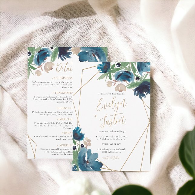 Invitación Azul dorado Floral acuarela Todo en un Boda (Elegant dusty blue gold Floral Watercolor Wedding Invitation)