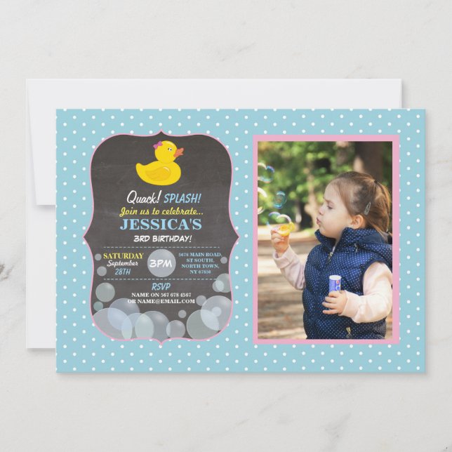 Invitación Azul Ducky de la fiesta de cumpleaños de la (Anverso)