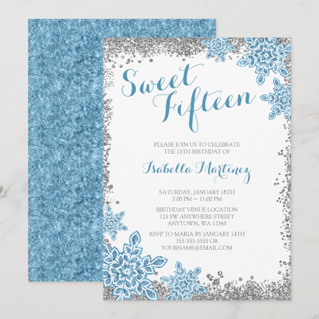 Invitación azul dulce 15 Glam Winter Wonderland (Anverso / Reverso)