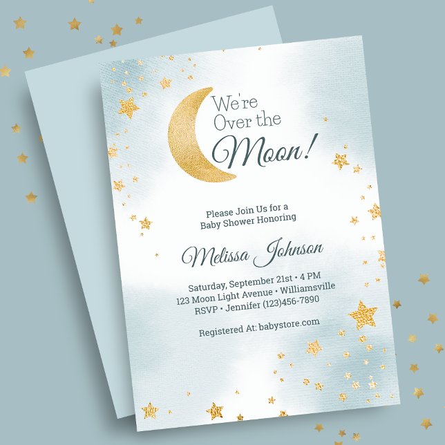 Invitación Azul dulce Estamos sobre el Baby Shower de Moon Bo (Sweet Blue We're Over the Moon Boy Baby Shower Invitation)